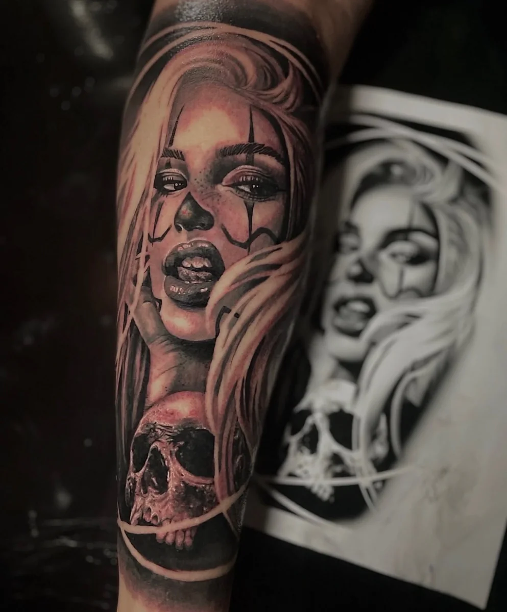 Portrait and skull tattoo